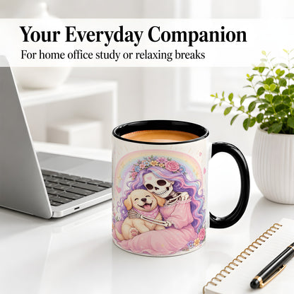 #pl[11oz|Black] Pastel Skeleton Dog Ceramic Mug, Floral Rainbow Art for Dog Lovers