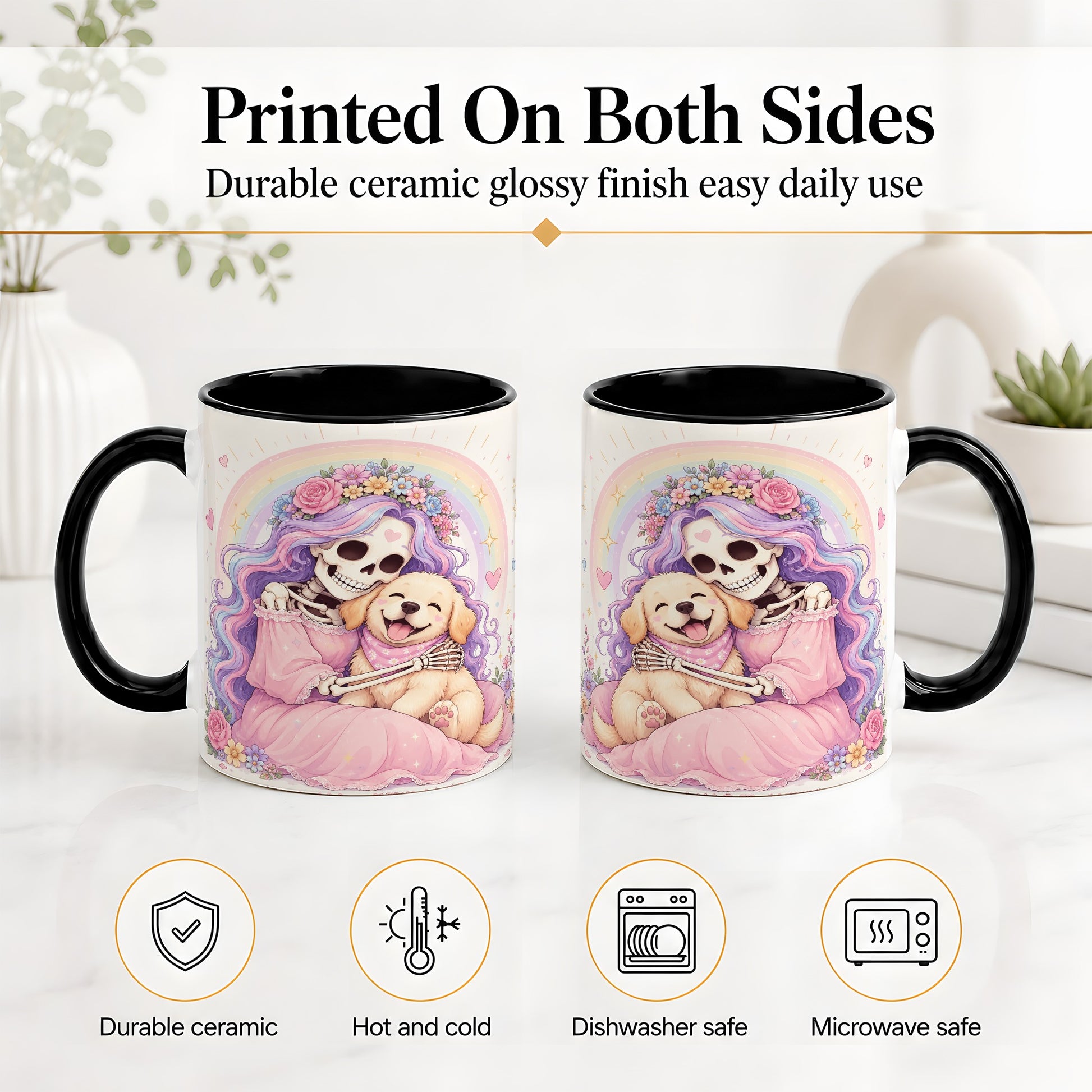 #pl[11oz|Black] Pastel Skeleton Dog Ceramic Mug, Floral Rainbow Art for Dog Lovers