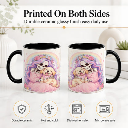 #pl[11oz|Black] Pastel Skeleton Dog Ceramic Mug, Floral Rainbow Art for Dog Lovers