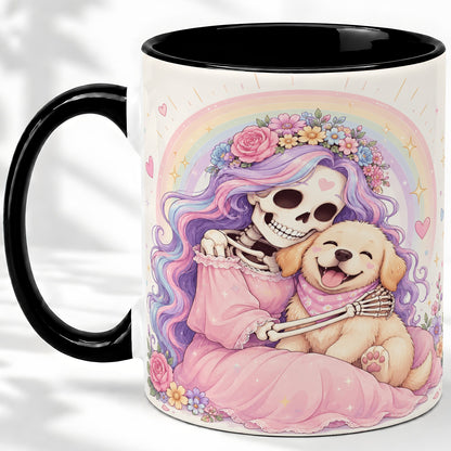 #pl[11oz|Black] Pastel Skeleton Dog Ceramic Mug, Floral Rainbow Art for Dog Lovers