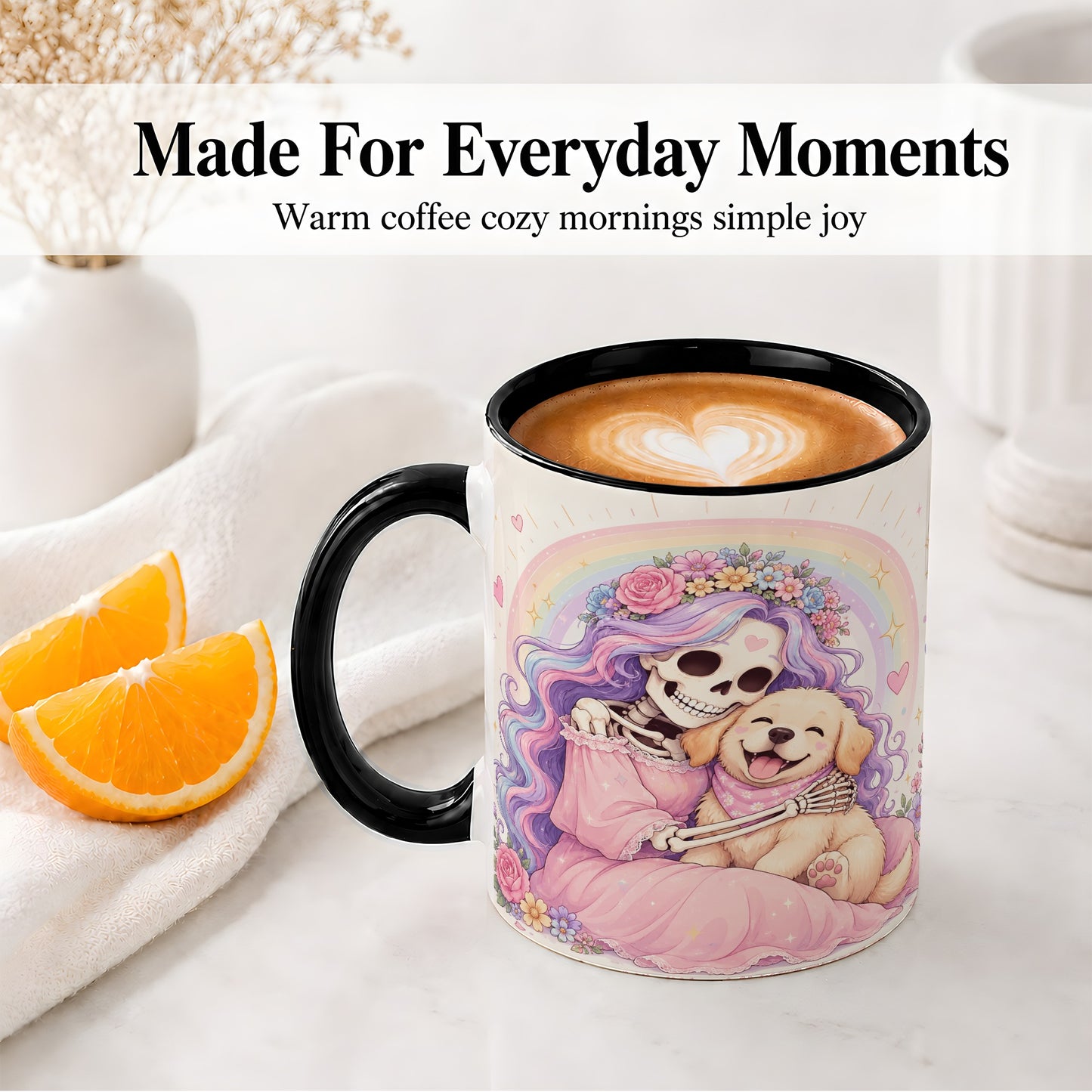#pl[11oz|Black] Pastel Skeleton Dog Ceramic Mug, Floral Rainbow Art for Dog Lovers