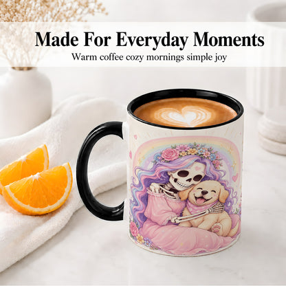 #pl[11oz|Black] Pastel Skeleton Dog Ceramic Mug, Floral Rainbow Art for Dog Lovers