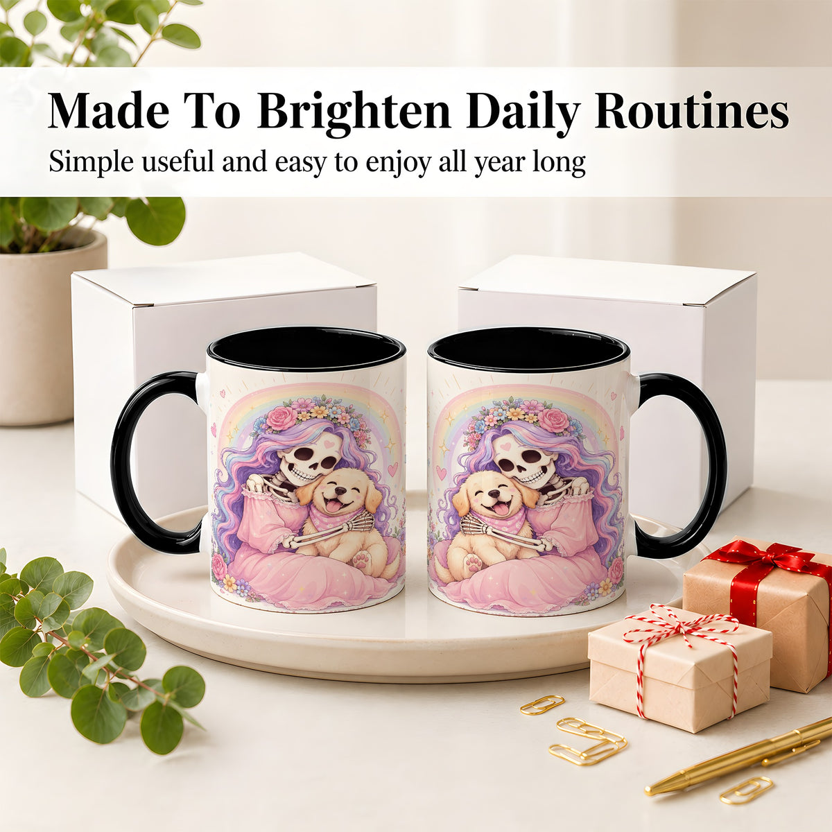 #pl[11oz|Black] Pastel Skeleton Dog Ceramic Mug, Floral Rainbow Art for Dog Lovers