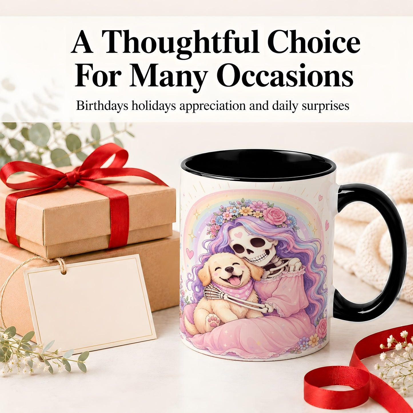 #pl[11oz|Black] Pastel Skeleton Dog Ceramic Mug, Floral Rainbow Art for Dog Lovers