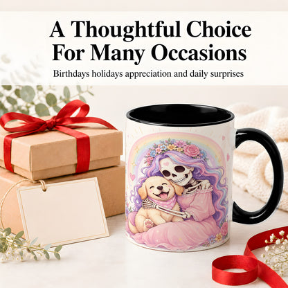#pl[11oz|Black] Pastel Skeleton Dog Ceramic Mug, Floral Rainbow Art for Dog Lovers