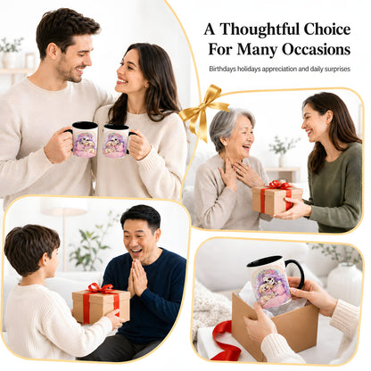 #pl[11oz|Black] Pastel Skeleton Dog Ceramic Mug, Floral Rainbow Art for Dog Lovers