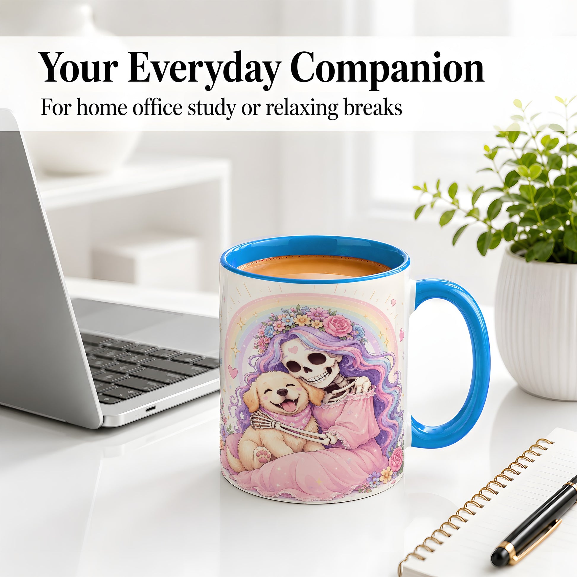 #pl[11oz|Blue] Pastel Skeleton Dog Ceramic Mug, Floral Rainbow Art for Dog Lovers
