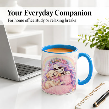 #pl[11oz|Blue] Pastel Skeleton Dog Ceramic Mug, Floral Rainbow Art for Dog Lovers
