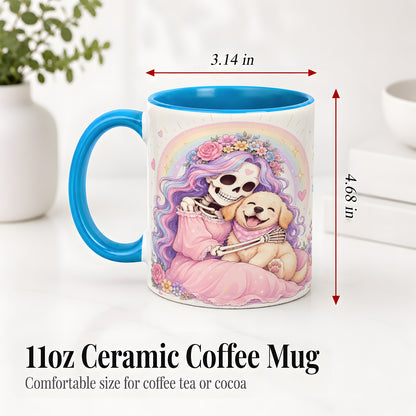 #pl[11oz|Blue] Pastel Skeleton Dog Ceramic Mug, Floral Rainbow Art for Dog Lovers