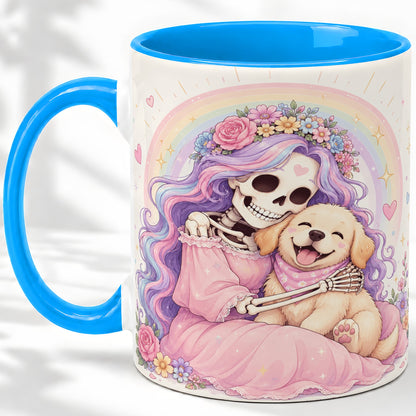 #pl[11oz|Blue] Pastel Skeleton Dog Ceramic Mug, Floral Rainbow Art for Dog Lovers