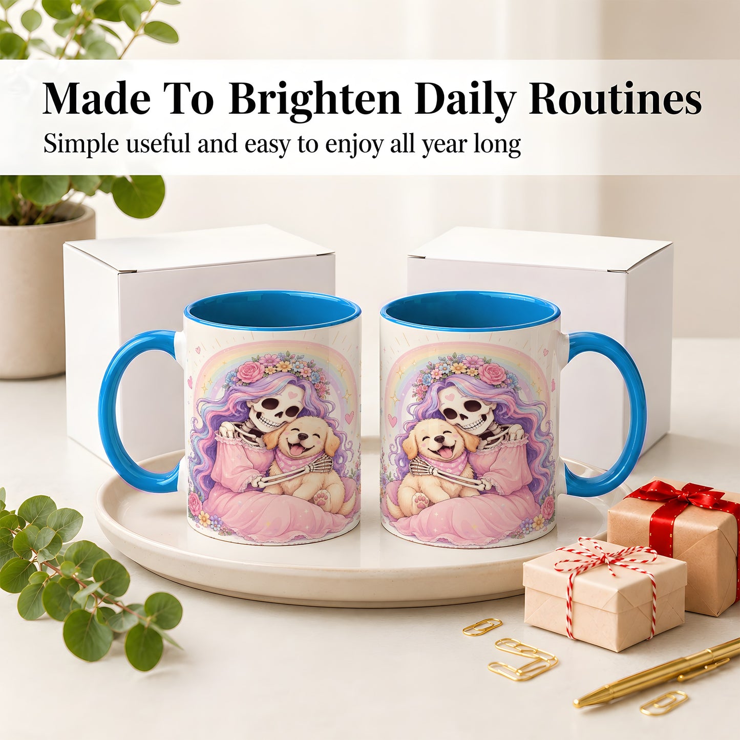 #pl[11oz|Blue] Pastel Skeleton Dog Ceramic Mug, Floral Rainbow Art for Dog Lovers