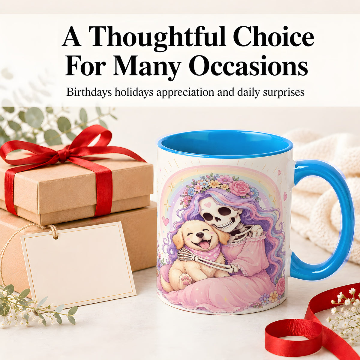 #pl[11oz|Blue] Pastel Skeleton Dog Ceramic Mug, Floral Rainbow Art for Dog Lovers