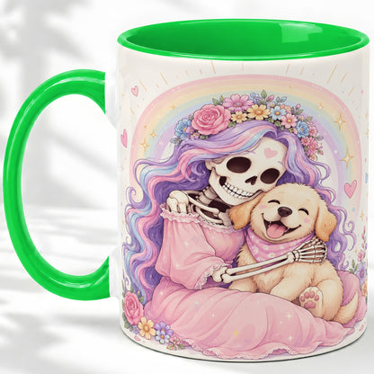 #pl[11oz|Green] Pastel Skeleton Dog Ceramic Mug, Floral Rainbow Art for Dog Lovers
