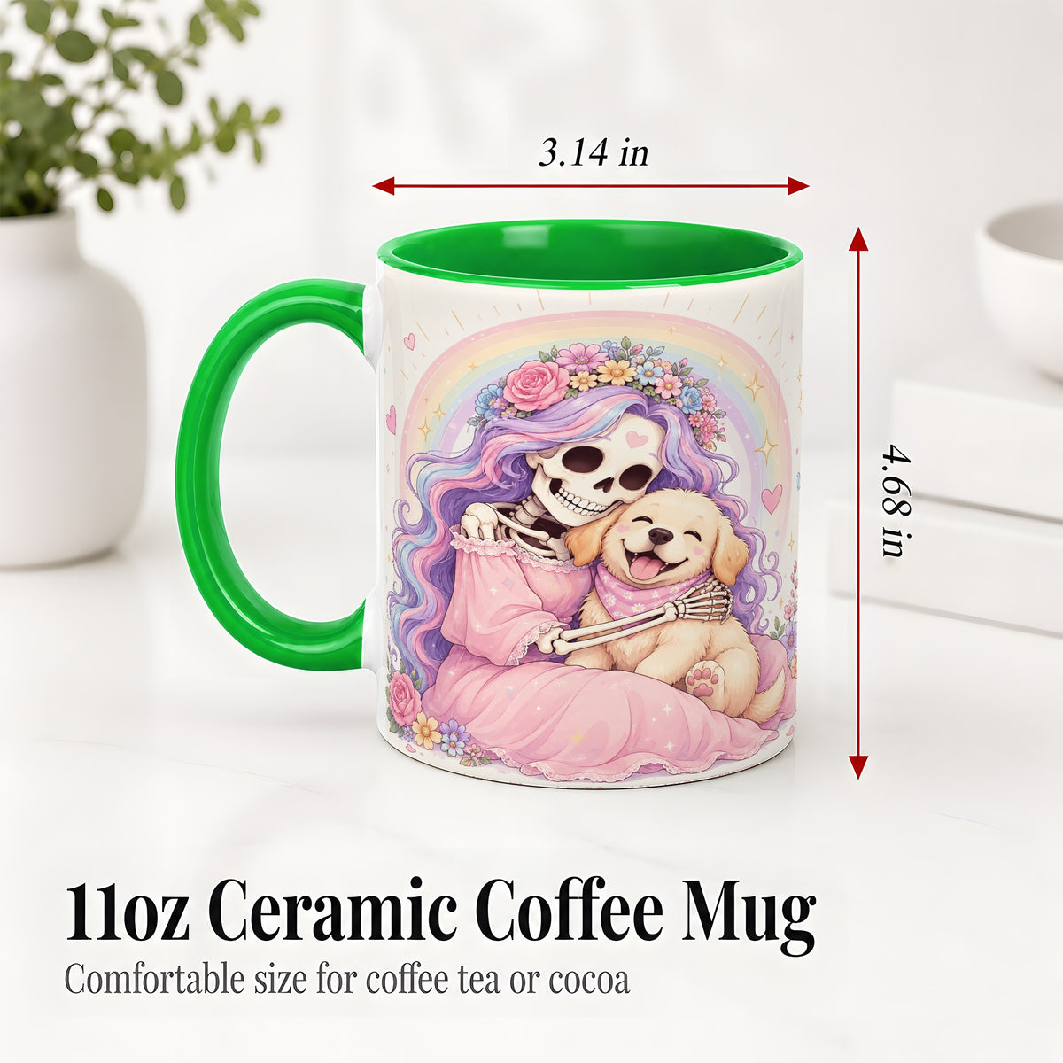 #pl[11oz|Green] Pastel Skeleton Dog Ceramic Mug, Floral Rainbow Art for Dog Lovers