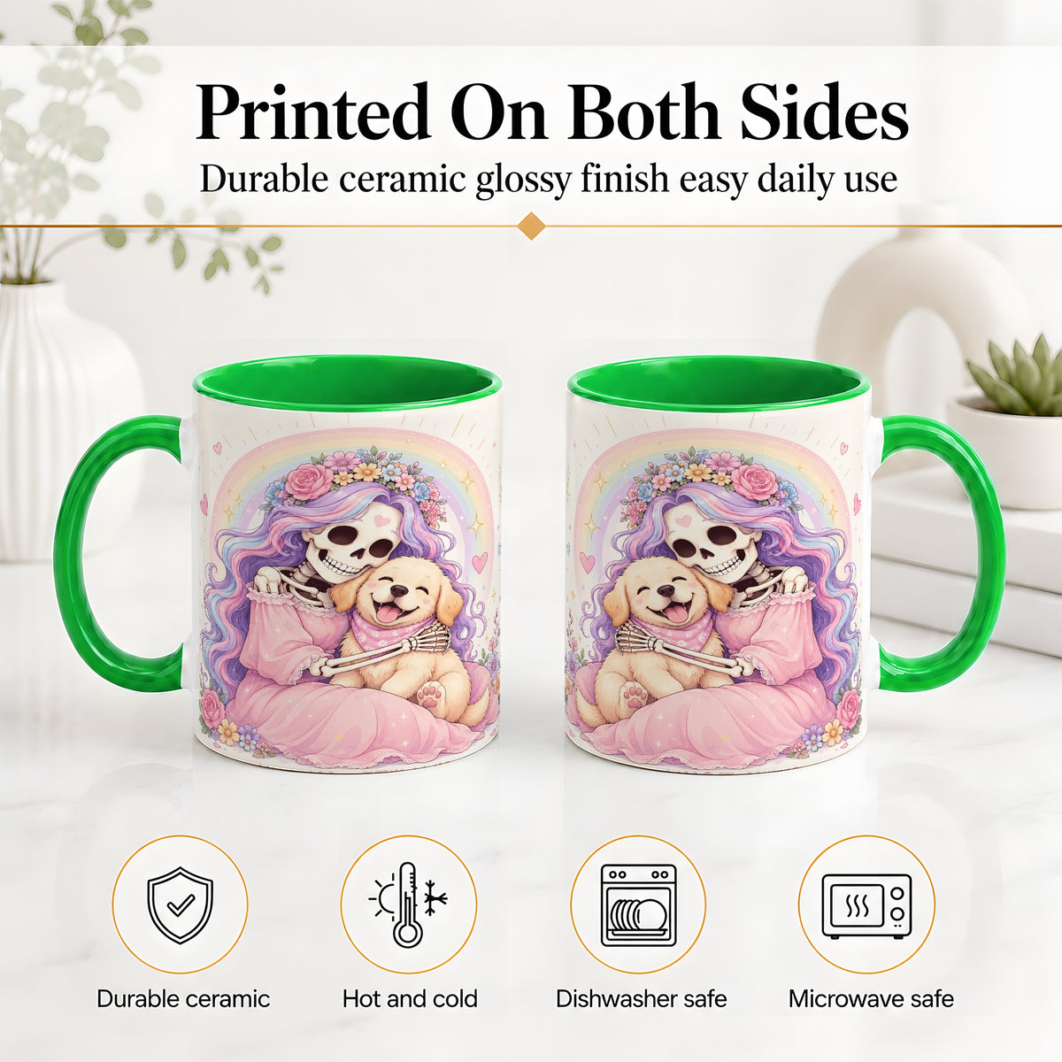 #pl[11oz|Green] Pastel Skeleton Dog Ceramic Mug, Floral Rainbow Art for Dog Lovers