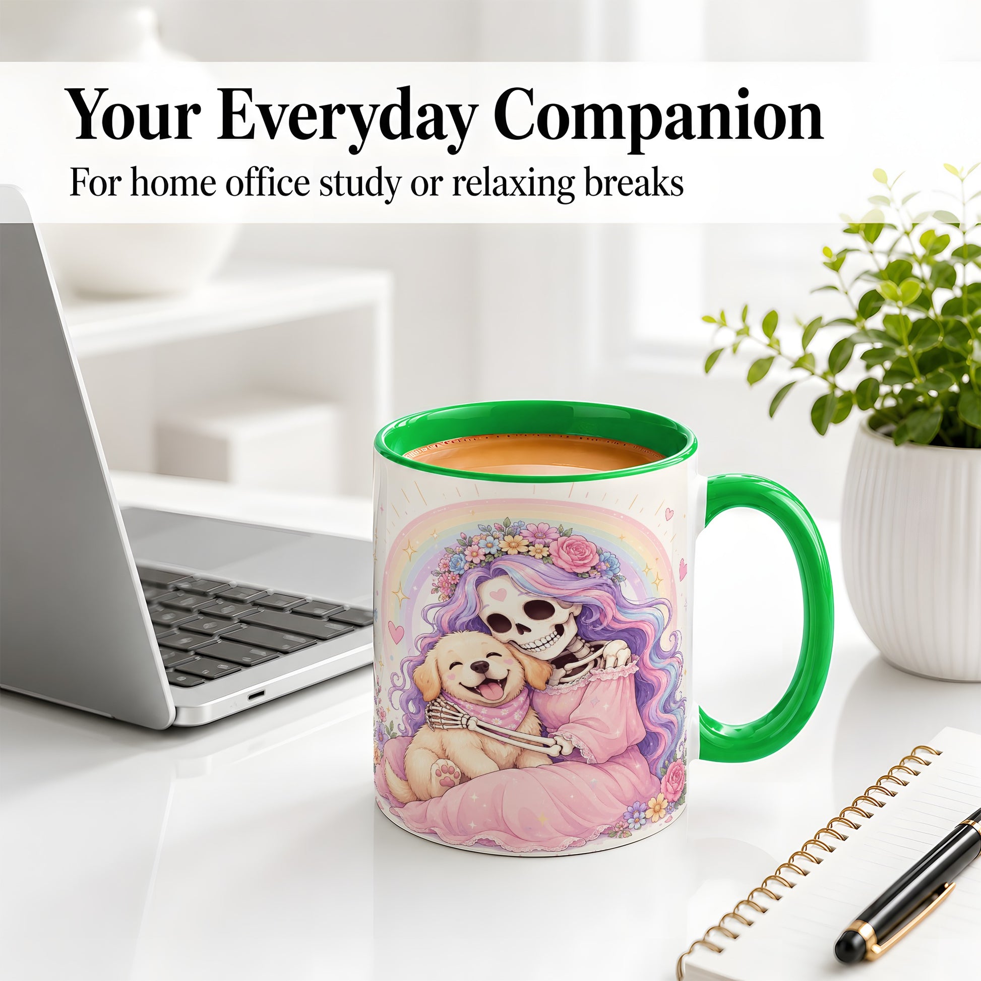 #pl[11oz|Green] Pastel Skeleton Dog Ceramic Mug, Floral Rainbow Art for Dog Lovers