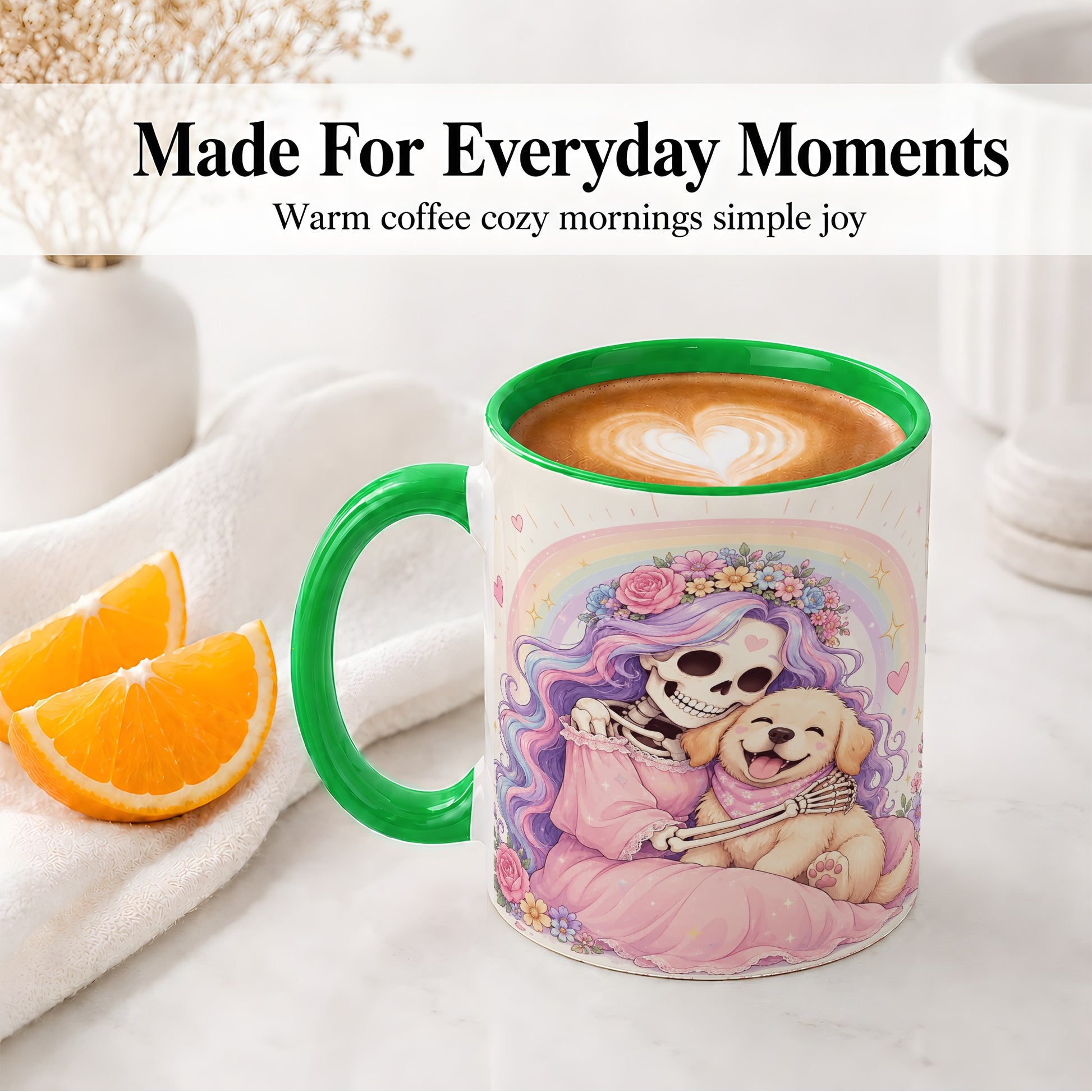 #pl[11oz|Green] Pastel Skeleton Dog Ceramic Mug, Floral Rainbow Art for Dog Lovers