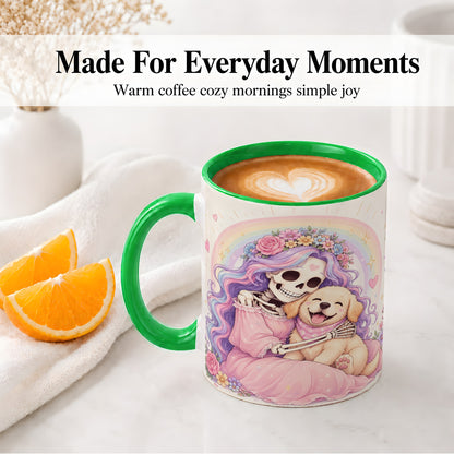 #pl[11oz|Green] Pastel Skeleton Dog Ceramic Mug, Floral Rainbow Art for Dog Lovers