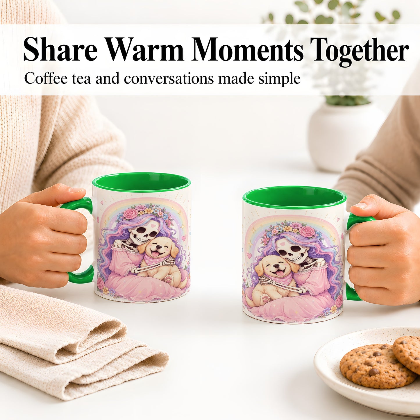 #pl[11oz|Green] Pastel Skeleton Dog Ceramic Mug, Floral Rainbow Art for Dog Lovers