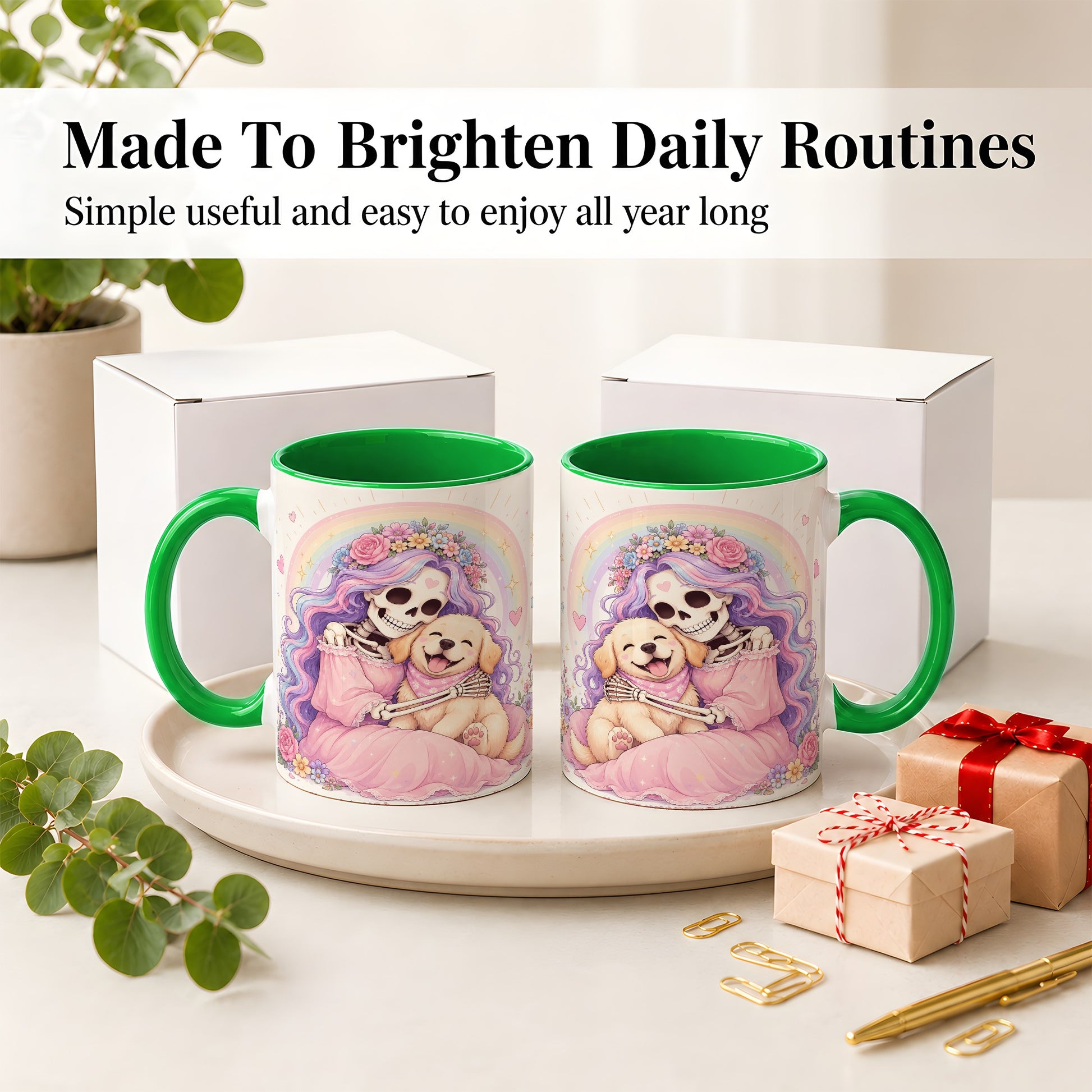 #pl[11oz|Green] Pastel Skeleton Dog Ceramic Mug, Floral Rainbow Art for Dog Lovers