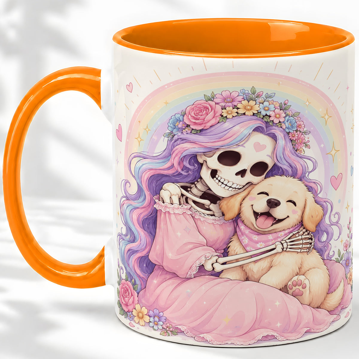 #pl[11oz|Orange] Pastel Skeleton Dog Ceramic Mug, Floral Rainbow Art for Dog Lovers