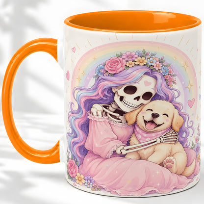 #pl[11oz|Orange] Pastel Skeleton Dog Ceramic Mug, Floral Rainbow Art for Dog Lovers