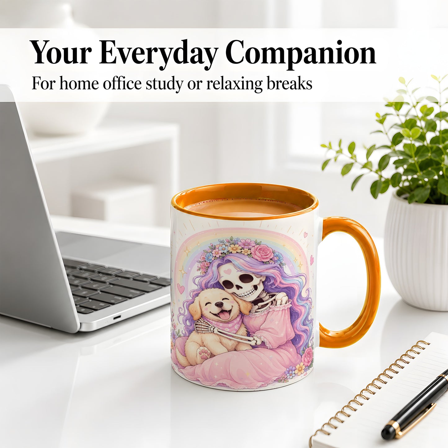 #pl[11oz|Orange] Pastel Skeleton Dog Ceramic Mug, Floral Rainbow Art for Dog Lovers