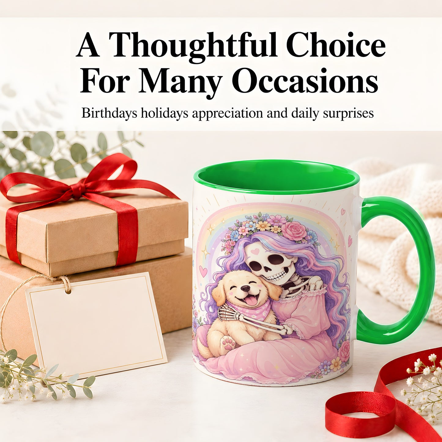 #pl[11oz|Green] Pastel Skeleton Dog Ceramic Mug, Floral Rainbow Art for Dog Lovers