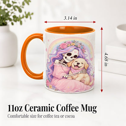 #pl[11oz|Orange] Pastel Skeleton Dog Ceramic Mug, Floral Rainbow Art for Dog Lovers