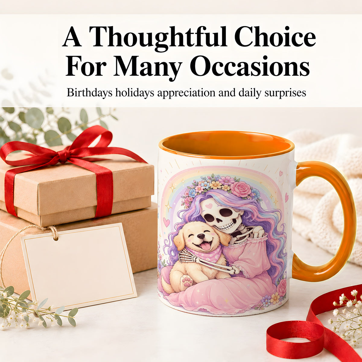 #pl[11oz|Orange] Pastel Skeleton Dog Ceramic Mug, Floral Rainbow Art for Dog Lovers