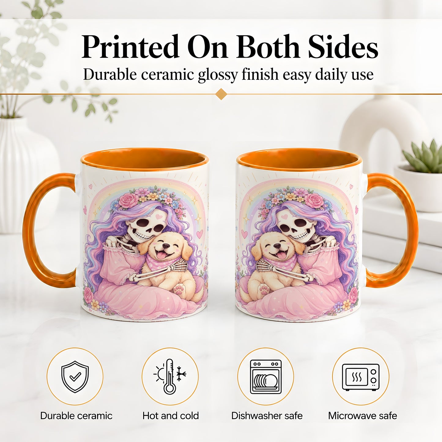 #pl[11oz|Orange] Pastel Skeleton Dog Ceramic Mug, Floral Rainbow Art for Dog Lovers