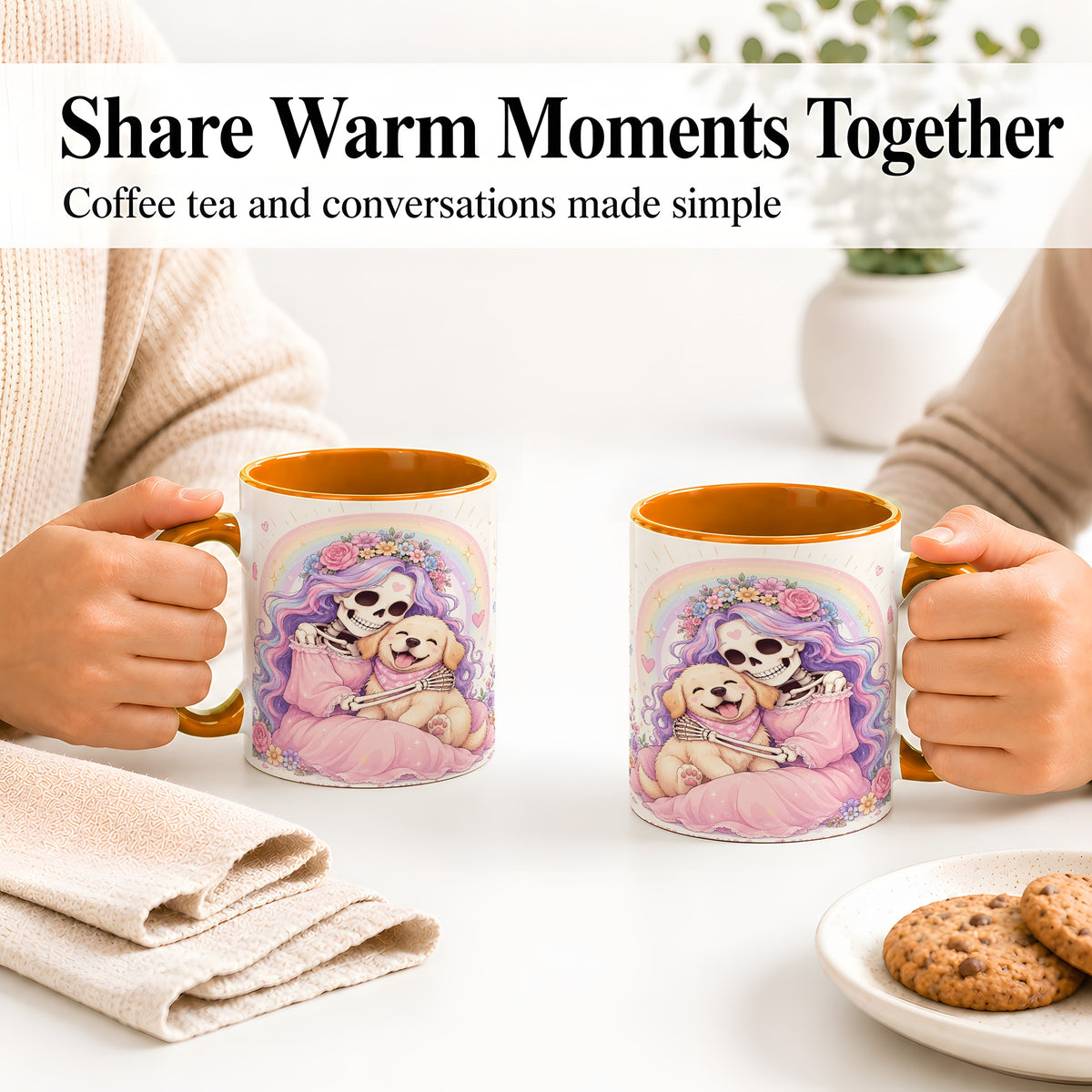 #pl[11oz|Orange] Pastel Skeleton Dog Ceramic Mug, Floral Rainbow Art for Dog Lovers