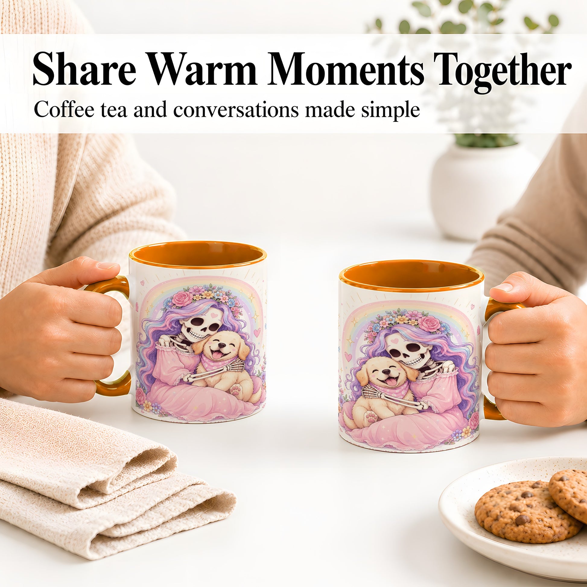 #pl[11oz|Orange] Pastel Skeleton Dog Ceramic Mug, Floral Rainbow Art for Dog Lovers