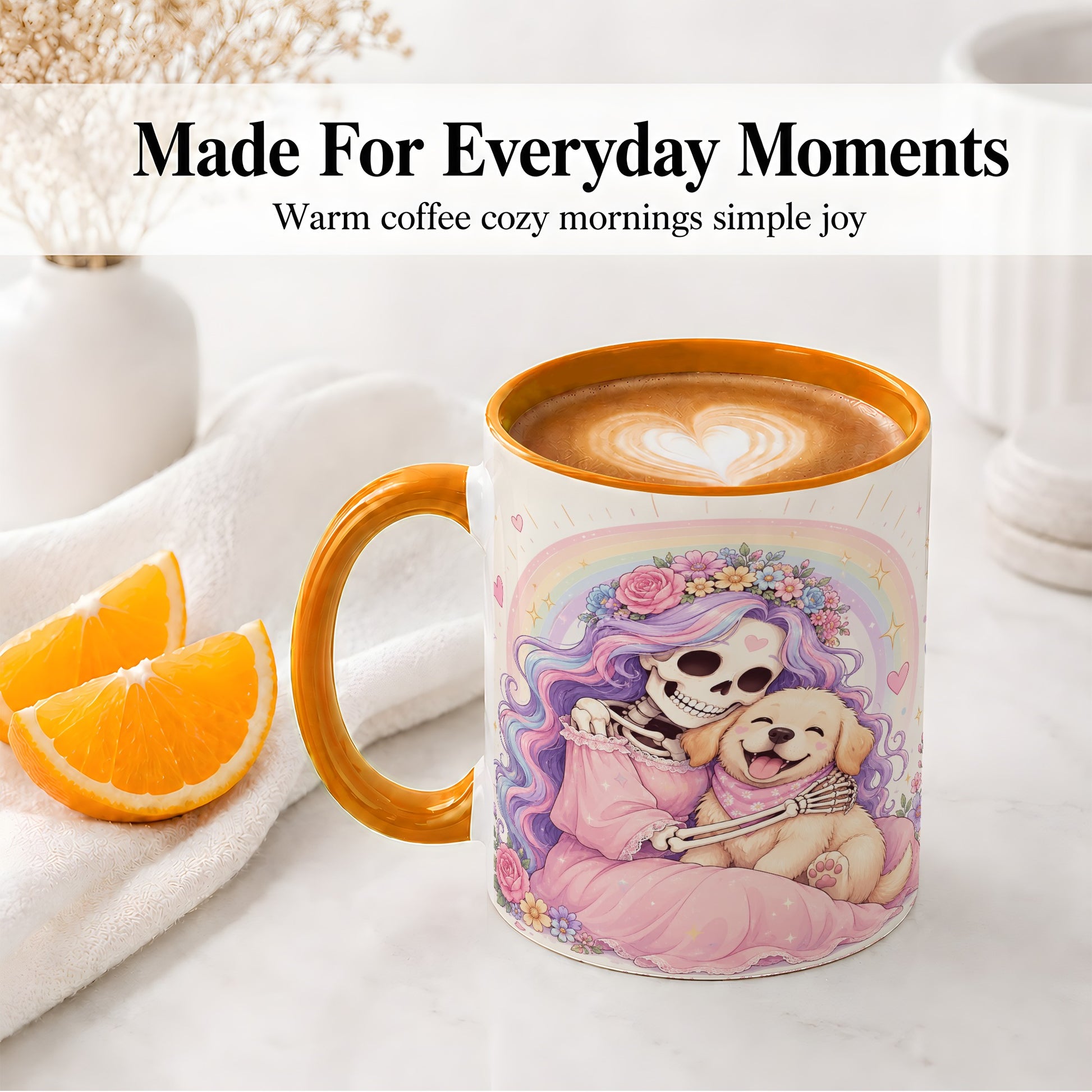 #pl[11oz|Orange] Pastel Skeleton Dog Ceramic Mug, Floral Rainbow Art for Dog Lovers