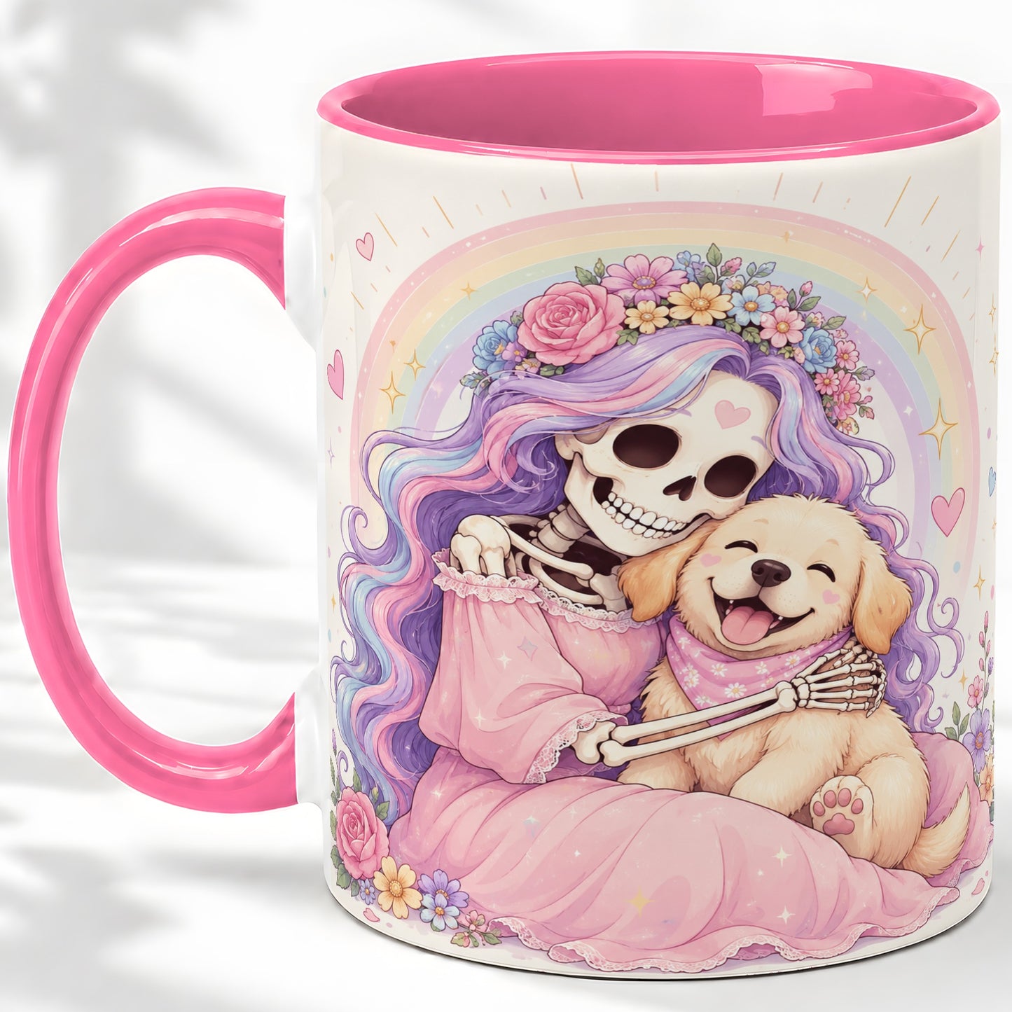 #pl[11oz|Pink] Pastel Skeleton Dog Ceramic Mug, Floral Rainbow Art for Dog Lovers