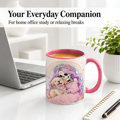 #pl[11oz|Pink] Pastel Skeleton Dog Ceramic Mug, Floral Rainbow Art for Dog Lovers