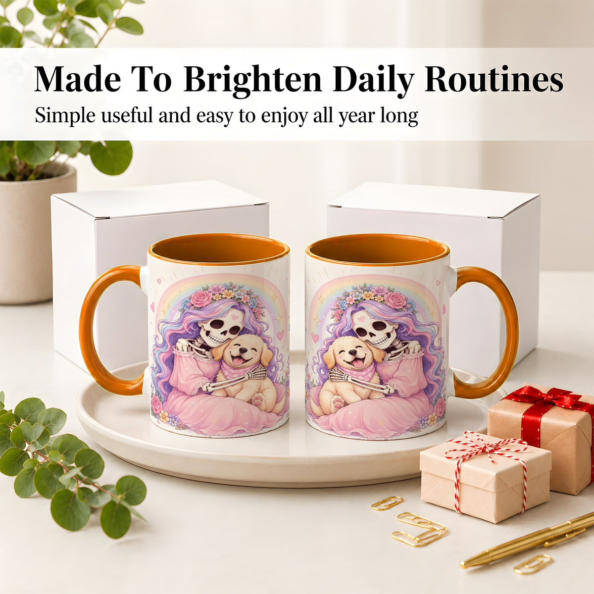 #pl[11oz|Orange] Pastel Skeleton Dog Ceramic Mug, Floral Rainbow Art for Dog Lovers