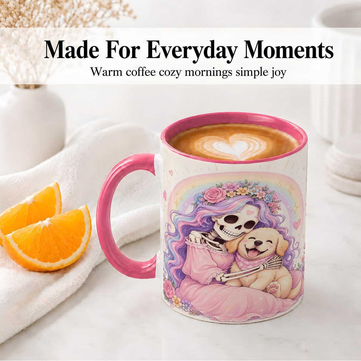 #pl[11oz|Pink] Pastel Skeleton Dog Ceramic Mug, Floral Rainbow Art for Dog Lovers