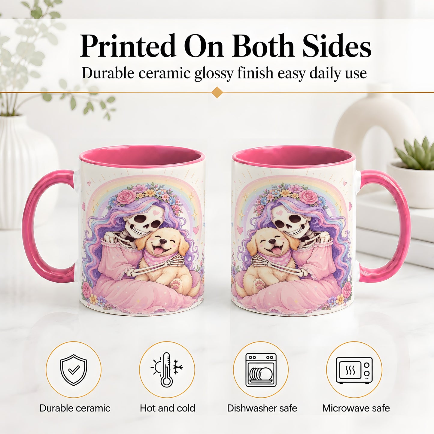 #pl[11oz|Pink] Pastel Skeleton Dog Ceramic Mug, Floral Rainbow Art for Dog Lovers