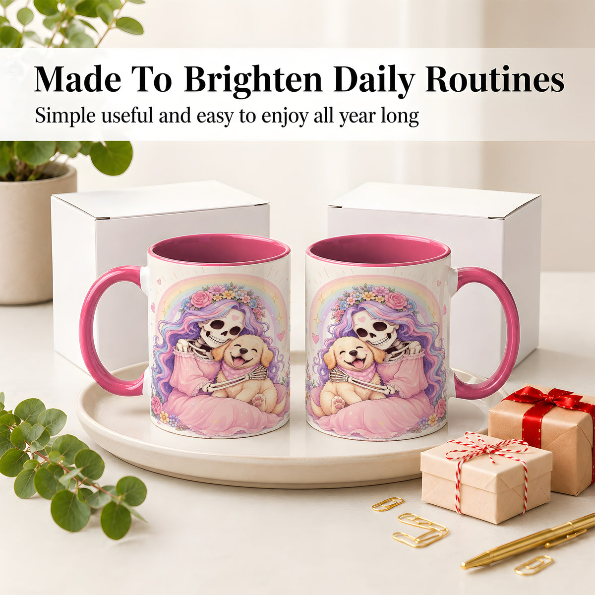 #pl[11oz|Pink] Pastel Skeleton Dog Ceramic Mug, Floral Rainbow Art for Dog Lovers