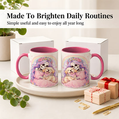 #pl[11oz|Pink] Pastel Skeleton Dog Ceramic Mug, Floral Rainbow Art for Dog Lovers