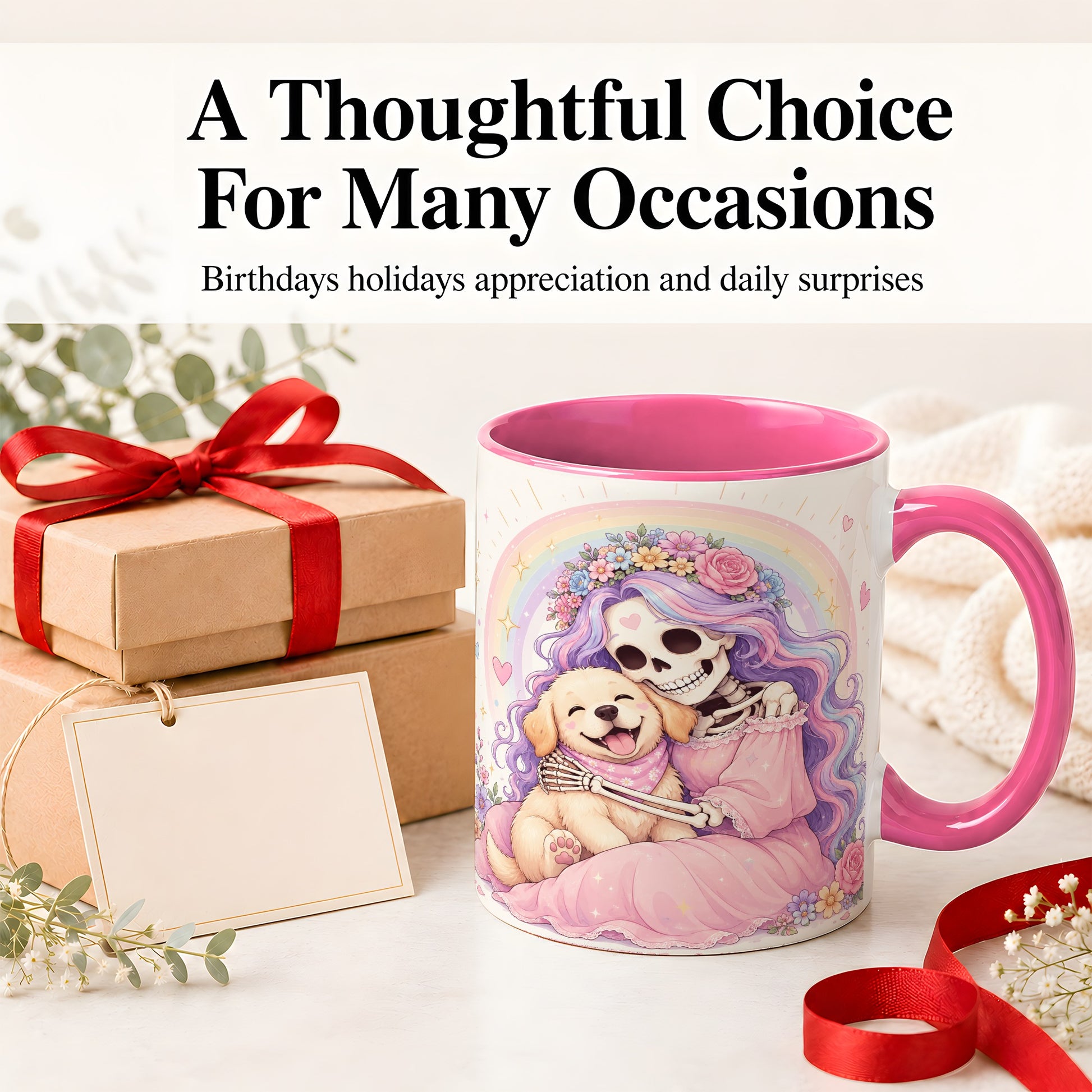 #pl[11oz|Pink] Pastel Skeleton Dog Ceramic Mug, Floral Rainbow Art for Dog Lovers