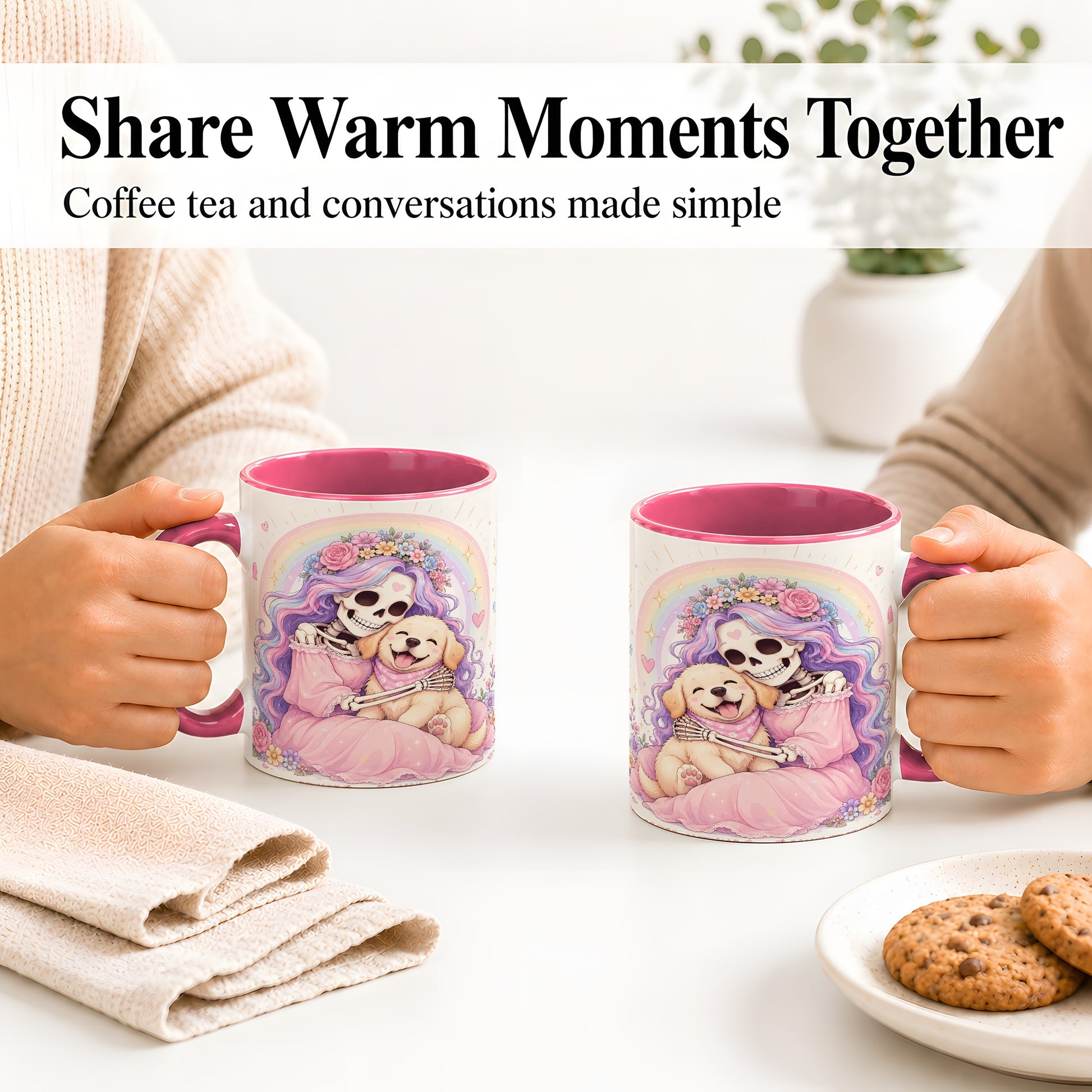 #pl[11oz|Pink] Pastel Skeleton Dog Ceramic Mug, Floral Rainbow Art for Dog Lovers