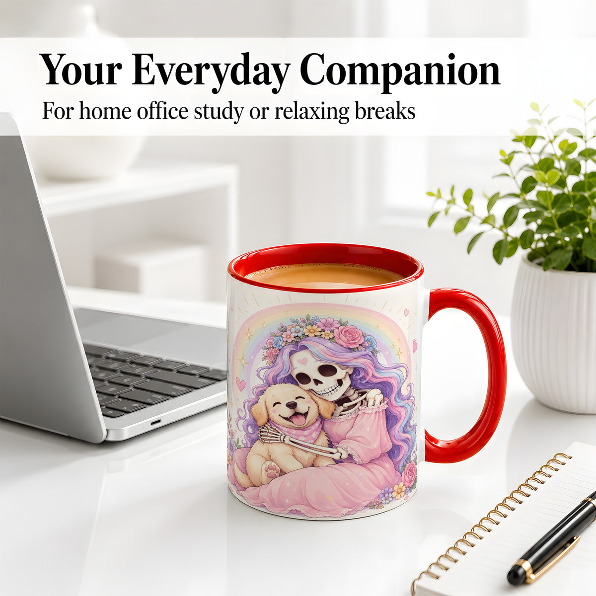 #pl[11oz|Red] Pastel Skeleton Dog Ceramic Mug, Floral Rainbow Art for Dog Lovers