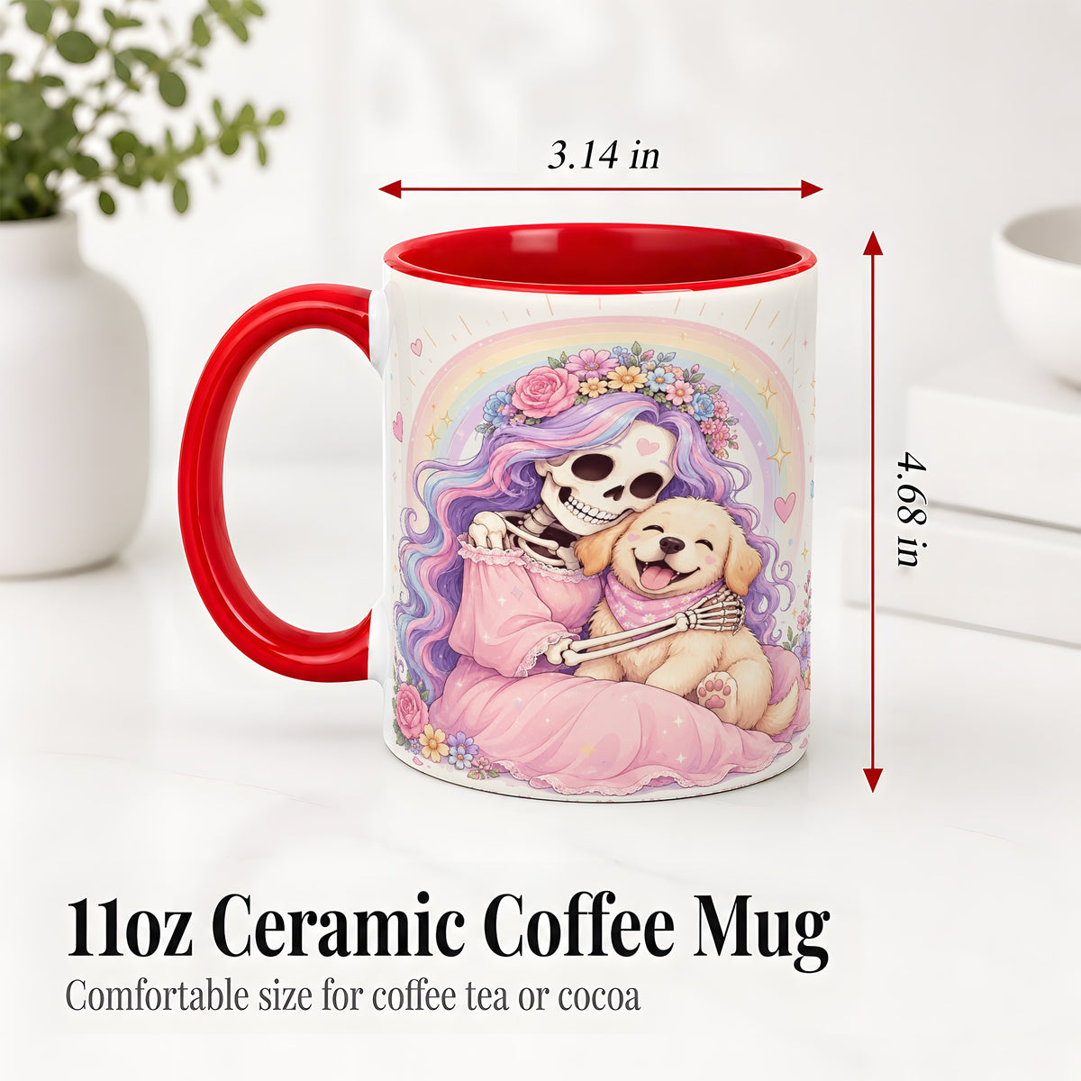 #pl[11oz|Red] Pastel Skeleton Dog Ceramic Mug, Floral Rainbow Art for Dog Lovers