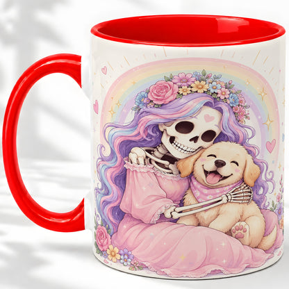 Pastel Skeleton Dog Ceramic Mug, Floral Rainbow Art for Dog Lovers