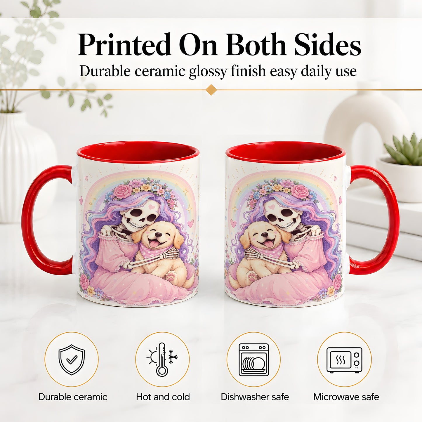 #pl[11oz|Red] Pastel Skeleton Dog Ceramic Mug, Floral Rainbow Art for Dog Lovers