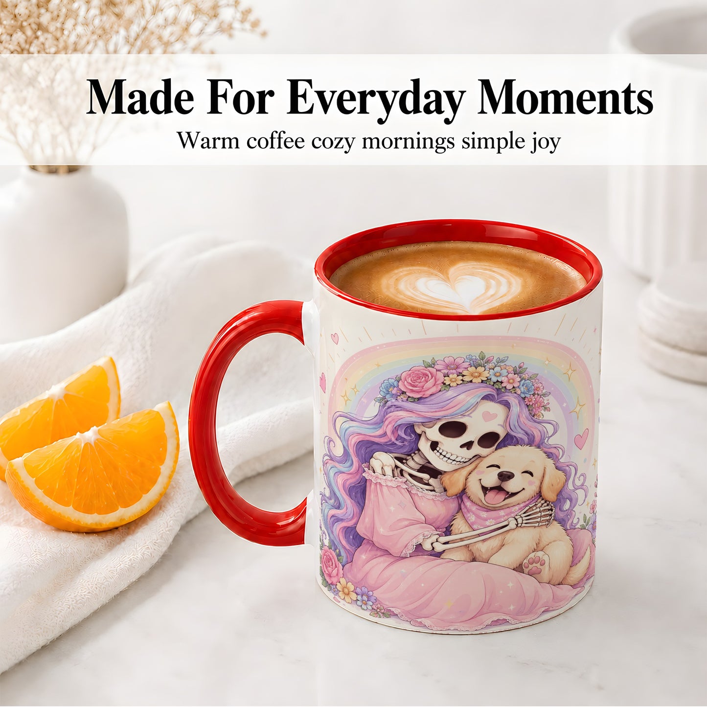#pl[11oz|Red] Pastel Skeleton Dog Ceramic Mug, Floral Rainbow Art for Dog Lovers