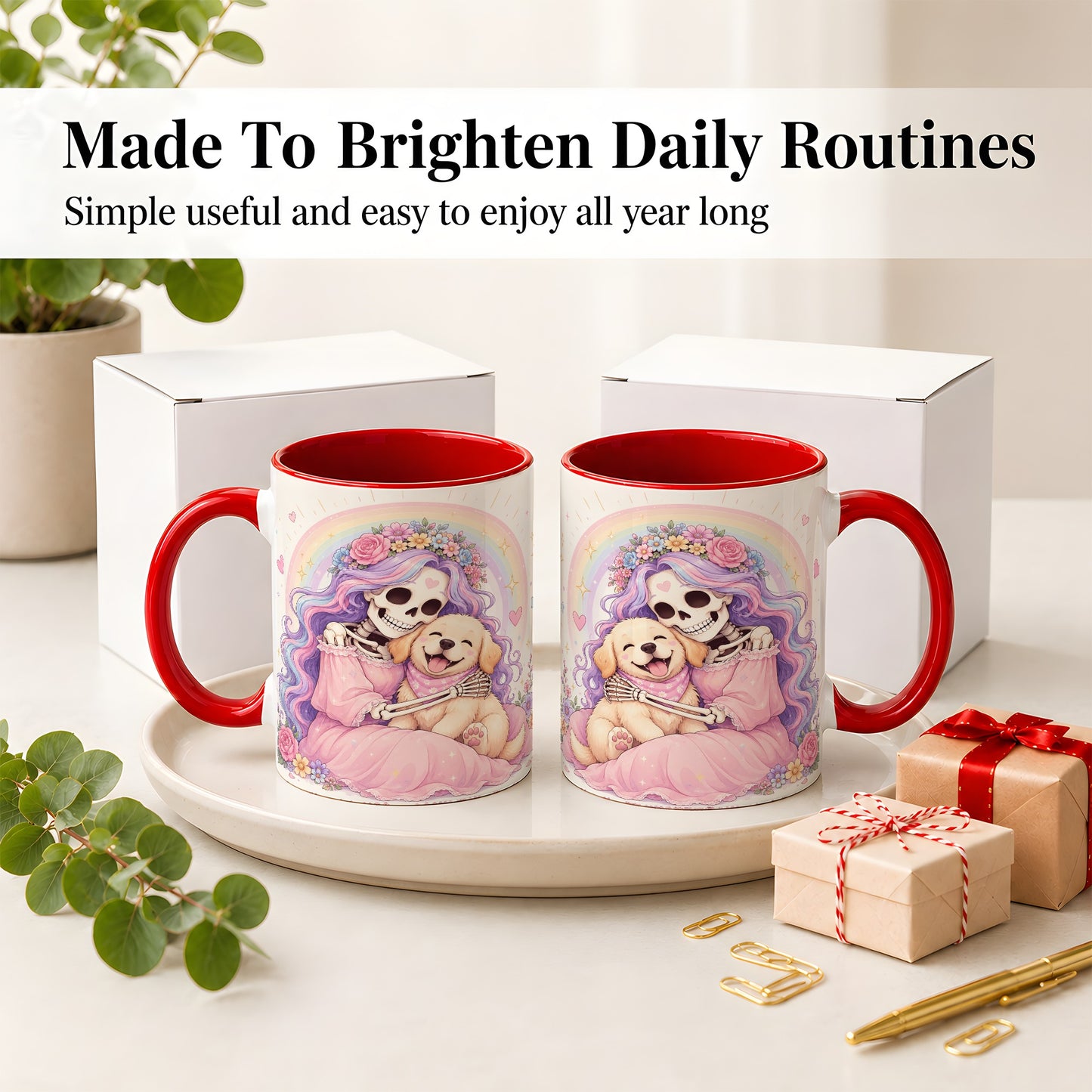 #pl[11oz|Red] Pastel Skeleton Dog Ceramic Mug, Floral Rainbow Art for Dog Lovers