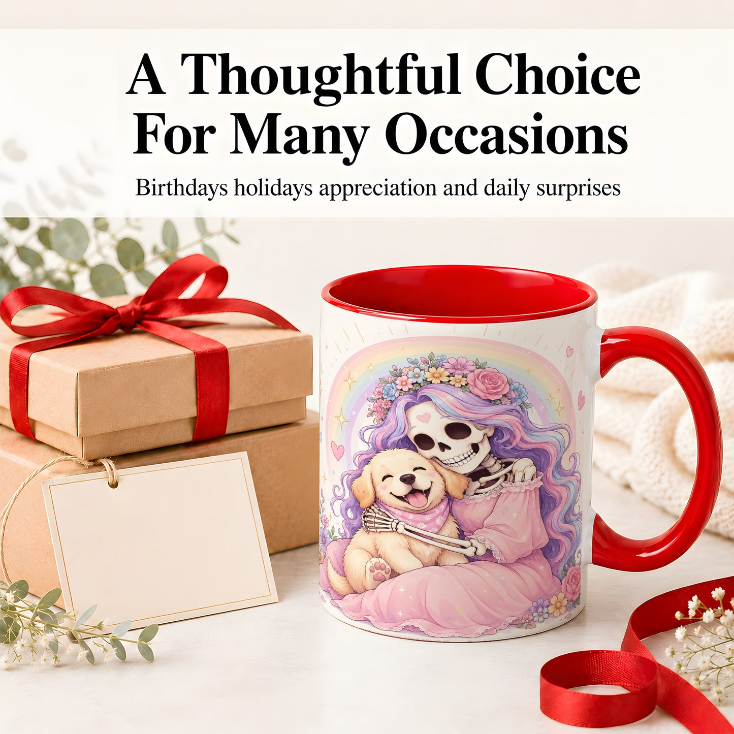 #pl[11oz|Red] Pastel Skeleton Dog Ceramic Mug, Floral Rainbow Art for Dog Lovers